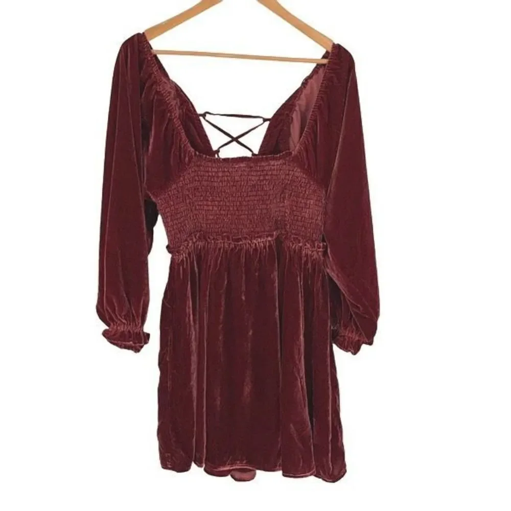 Free People Womens Velvet Lace Up Dress Daphne Long Sleeve Lined Red Size Medium